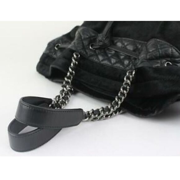 Chanel Black Quilted Lambskin X Pony Hair Drawstring Bucket Chain Hobo Small - Picture 7 of 11
